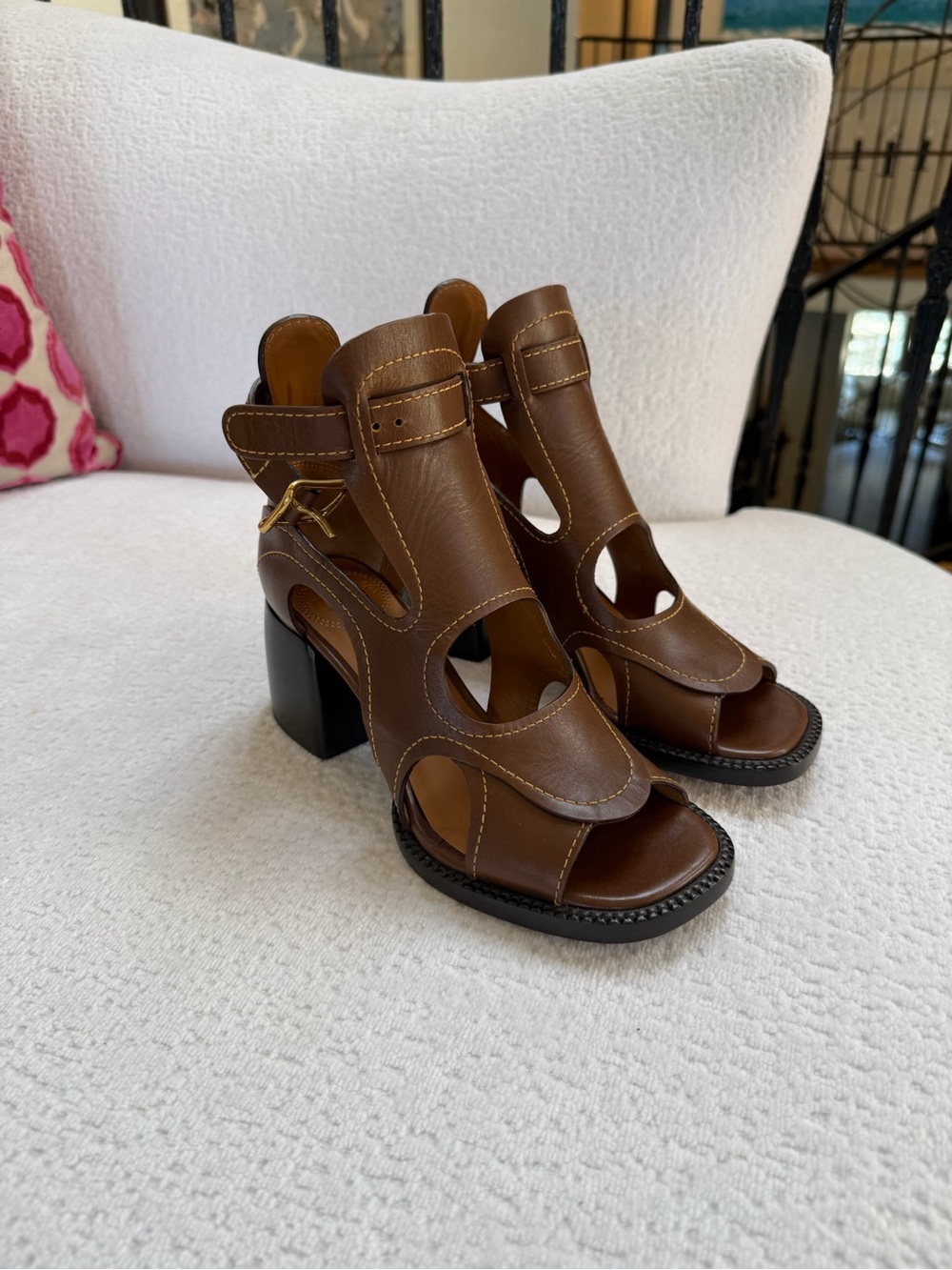CHLOE Authentic Brown Leather Cutout Block Heel Sandals
